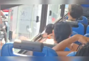 Cachorro é flagrado dentro de ônibus ao lado da tutora e recebe água durante trajeto em Belém