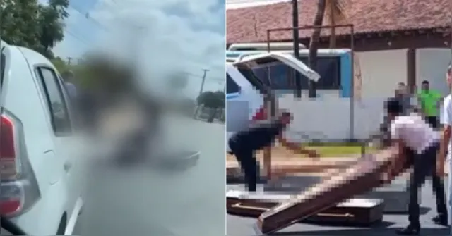 Imagem ilustrativa da notícia Caixão cai de carro funerário e fica no meio da rua em Marabá