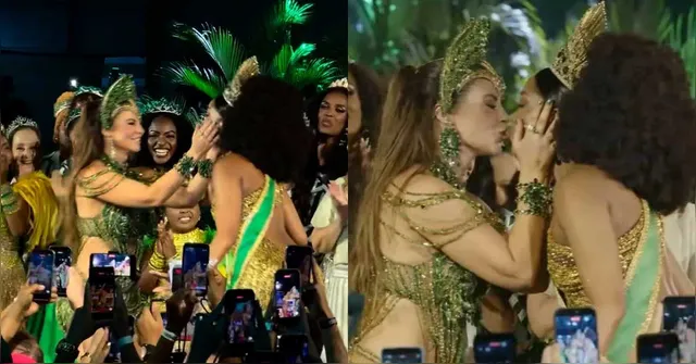 Imagem ilustrativa da notícia Paolla Oliveira beija Iza ao ser coroada rainha de bateria da Imperatriz