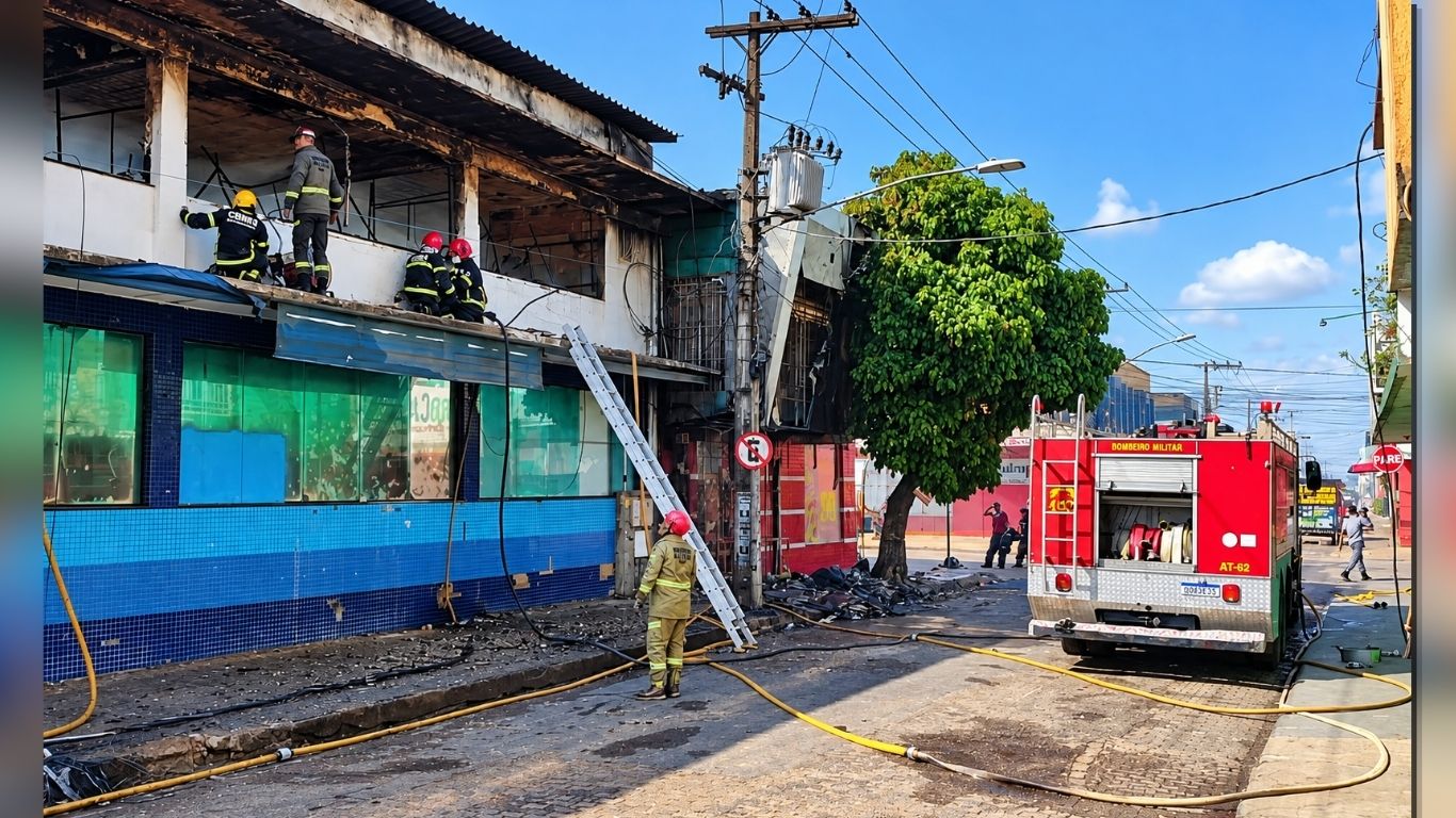 Bombeiros trabalham na operação de rescaldo após o incêndio destruir as estruturas da farmácia UltraPopular e da loja Fill a Fill na Cidade Nova.