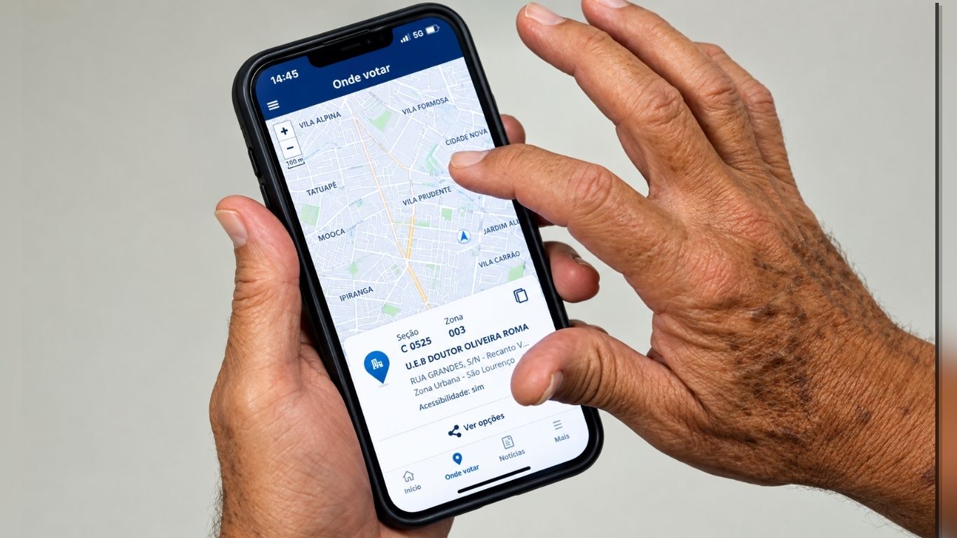 Tela de um smartphone exibindo o aplicativo e-Título aberto; a ferramenta permite localizar a seção eleitoral e traçar rotas até o local.