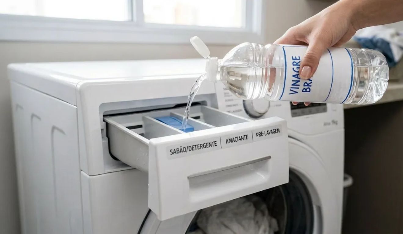 Apenas 500 ml de vinagre branco pode ajudar a combater o cheiro de mofo da máquina de lavar.