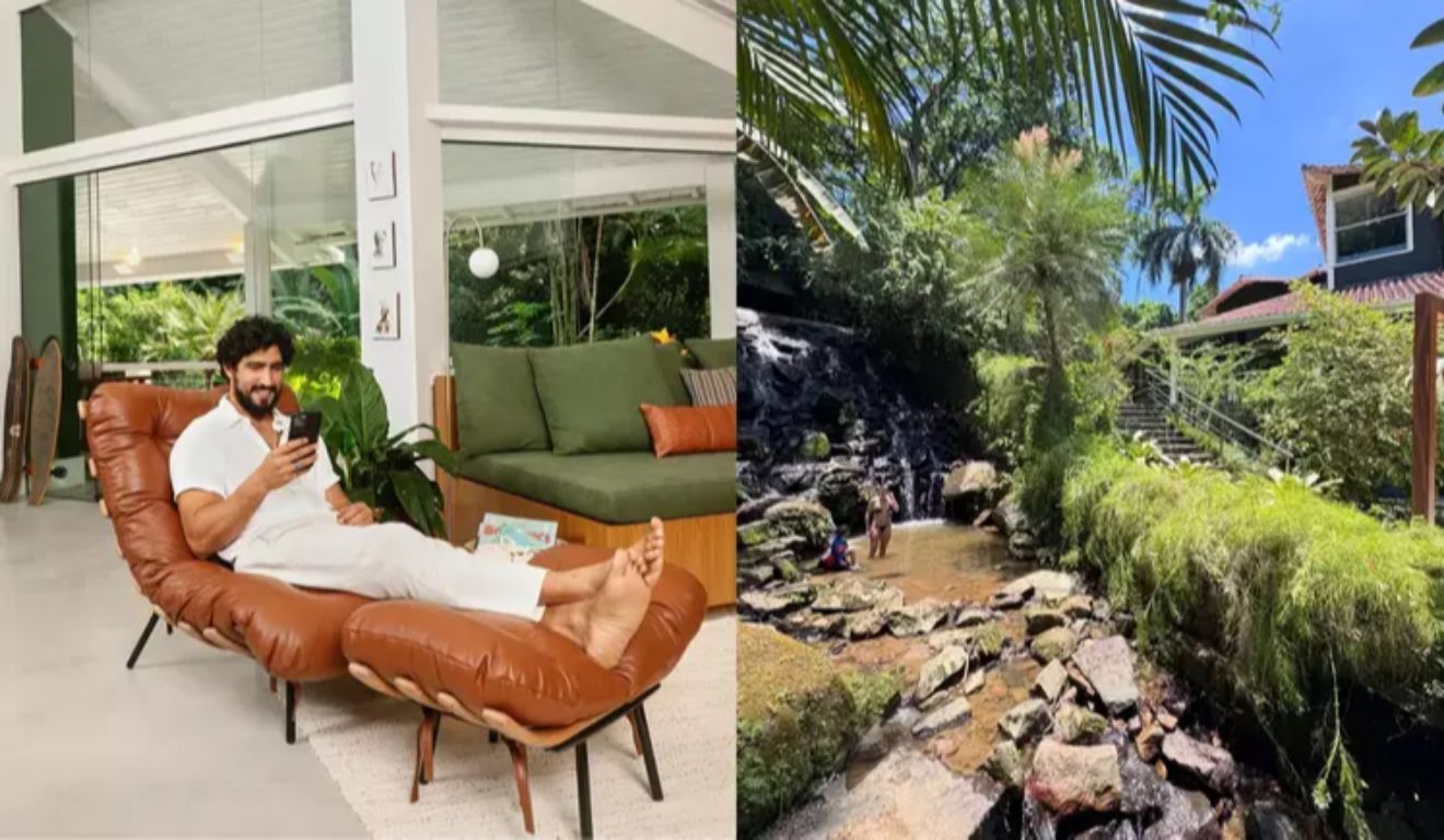 A integração com a natureza foi um dos principais elementos considerados no projeto da casa, que conta com grandes janelas de vidro para ampliar a entrada de luz natural e proporcionar uma vista para a vegetação ao redor
