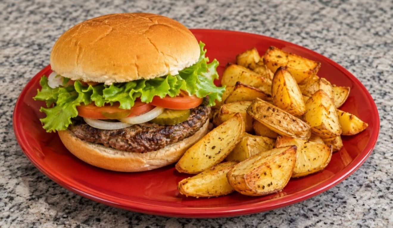 A receita leva carne moída, pão, salada e temperos simples, enquanto as batatas são preparadas com pouco azeite e ficam douradas sem a necessidade de fritura convencional.