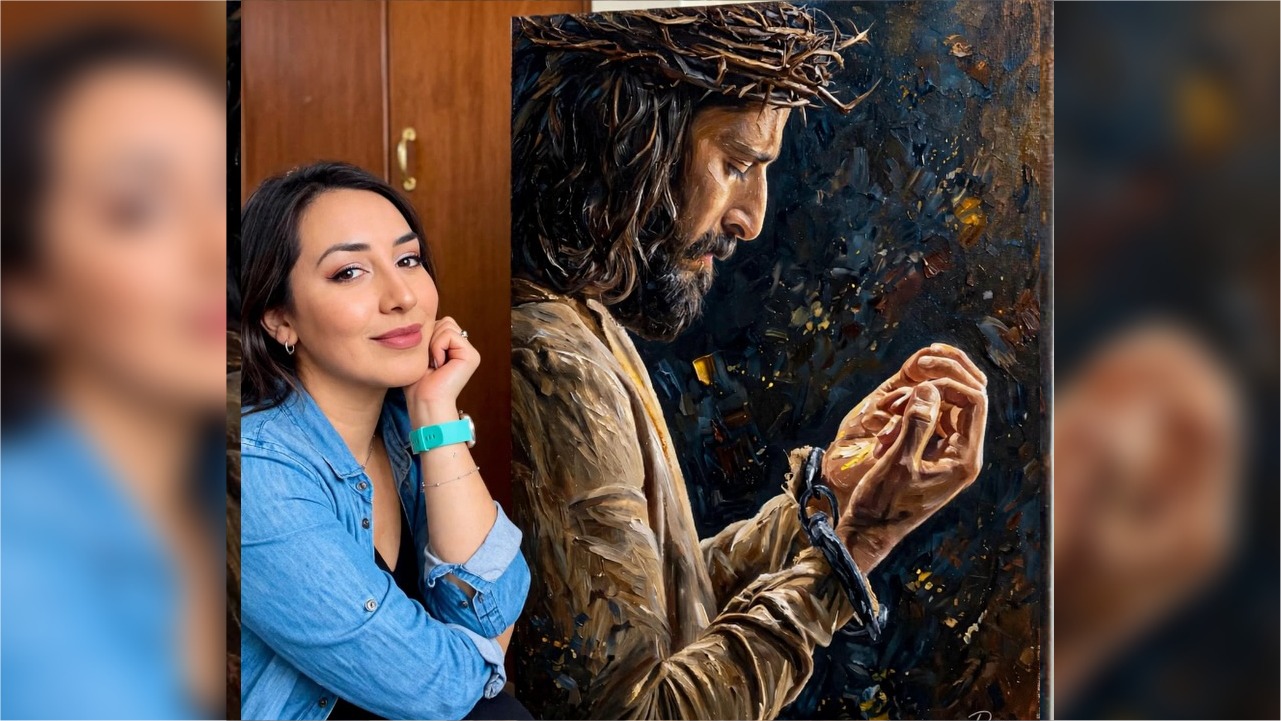 Pintura em acrílico sobre tela (80 x 60 cm) produzida pela artista Dayana Parra Rodríguez, retratando o ator Jonathan Roumie no papel de Jesus em The Chosen.