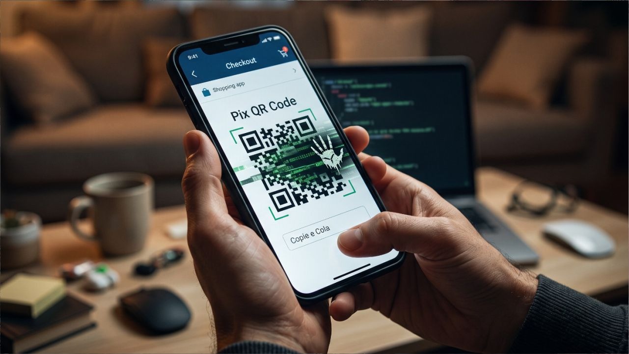 Exemplo de tela de checkout em loja virtual exibindo QR Code do Pix, ponto focal de adulteração do novo vírus Magecart.