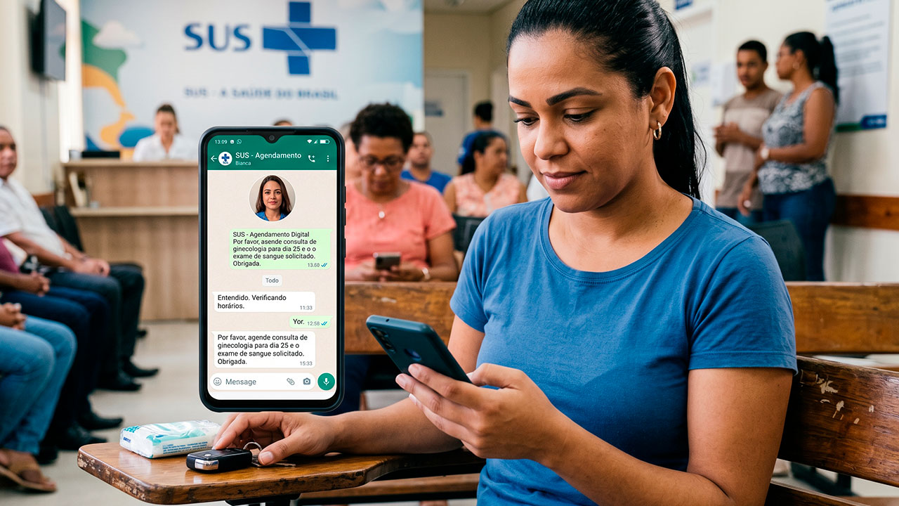 Paciente visualiza notificação de confirmação de atendimento médico pelo SUS no smartphone.