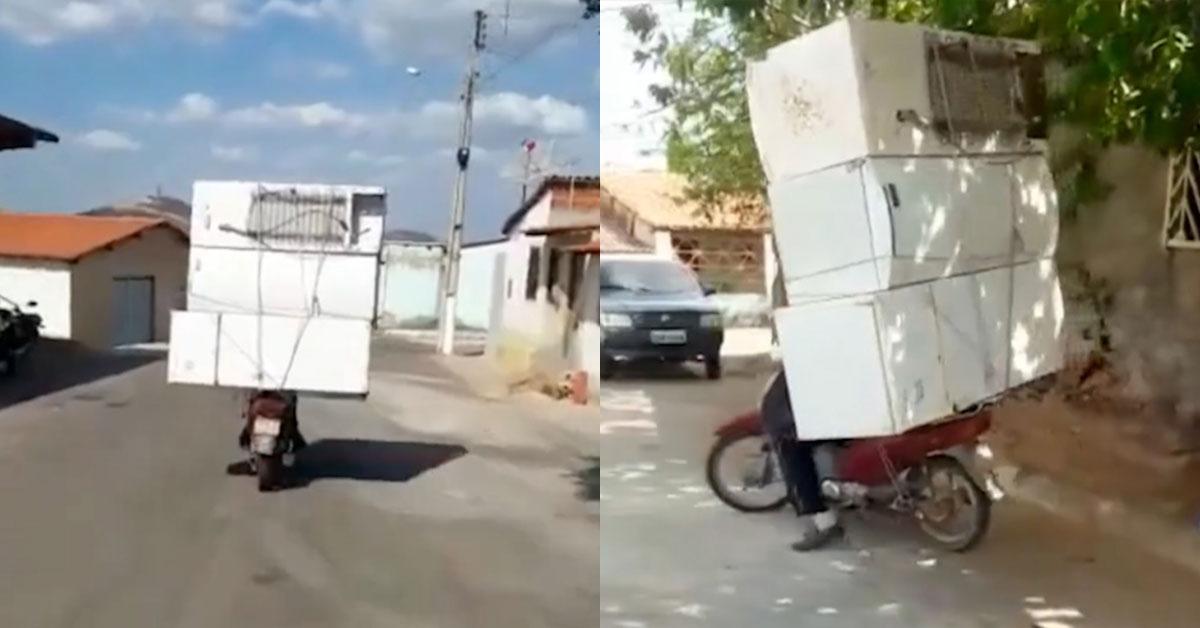 Uma moto foi flagrada transportando nada menos que três geladeiras de uma só vez em Carius, no Ceará. E o mais impressionante: a carga chegou inteira ao destino.