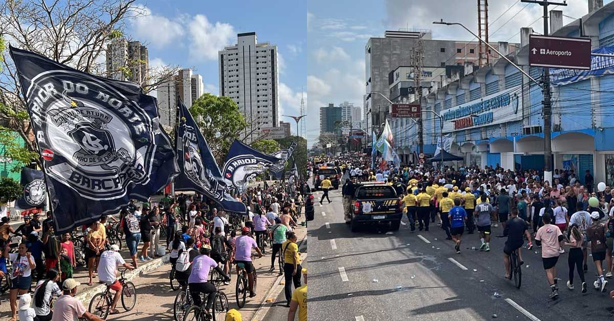 Torcidas do Clube do Remo e do Paysandu fazem bandeiraços em homenagem a Nossa Senhora de Nazaré durante a passagem do traslado do Círio 2026 pelos estádios Baenão e Curuzu, em Belém.