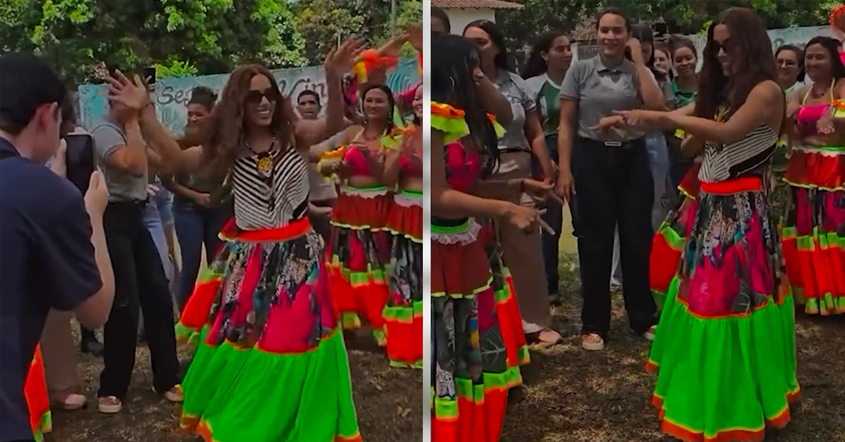 Vestindo uma saia de carimbó, Anitta dançou ao lado de integrantes de um grupo parafolclórico da região