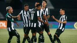 Jogadores do Botafogo comemoram um dos gols da goleada por 5 a 1 sobre o Juventude, neste domingo, no Estádio Nilton Santos.