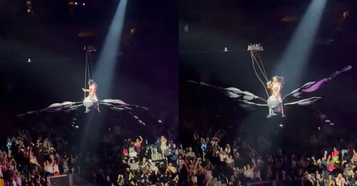 Imagem ilustrativa da notícia: Katy Perry quase cai no público após falha em borboleta mecânica durante show