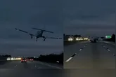Momento em que avião faz pouso forçado e cai sobre carro em alta velocidade na Flórida.