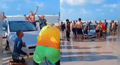 Imagem ilustrativa da notícia: VÍDEO: Carro atola em praia de Salinas e mobiliza banhistas