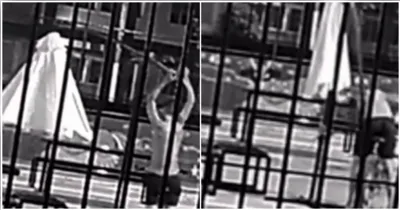 Segundo as imagens, o autor se aproxima da estrutura de proteção solar e, em questão de segundos, executa a desmontagem.