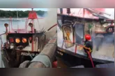 Bombeiros combatem incêndio em embarcação no Bacuriteua, vila de Bragança (PA); fogo durou mais de três horas e mobilizou equipes especializadas.