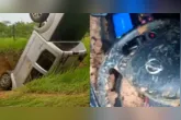 Caminhonete ficou com as rodas para o alto após capotar durante chuva na estrada do Monteiro, em Bragança