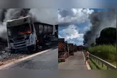 Colisão entre carretas na PA-150 deixa um morto e provoca incêndio com densa coluna de fumaça na rodovia.