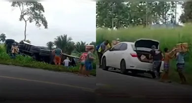 Imagem ilustrativa da notícia: VÍDEO: Caminhão tomba na BR-010 e carga de café é saqueada no Pará
