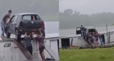 Imagem ilustrativa da notícia: Vídeo: carro é transportado em cima de 'barquinho' no Marajó