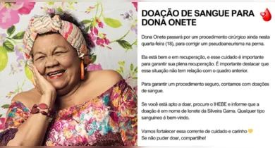 Imagem ilustrativa da notícia: Dona Onete passa por cirurgia e pede doação de sangue
