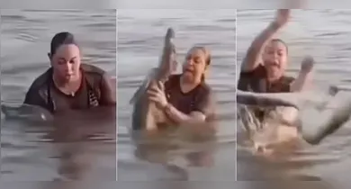 Imagem ilustrativa da notícia: VÍDEO: Banhista confunde jacaré com tronco e vídeo viraliza
