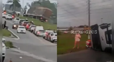 Imagem ilustrativa da notícia: Caminhão de frutas tomba no viaduto e causa engarrafamento na BR 316