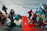Segundo as imagens, eles chegam ao local e renderam tanto o frentista quanto um cliente que estava no local.
