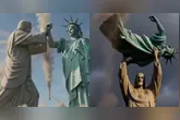 As imagens mostram uma luta simbólica entre os símbolos do Brasil e dos Estados Unidos.
