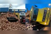 O tijolo caiu do caminhão em cima de uma carro que estava na via