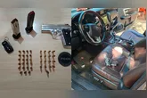 Foi apreendida uma pistola calibre .40 com a numeração raspada, além de carregadores e munições dos calibres .40 e 5.56.