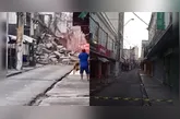 Área foi isolada após o desabamento da fachada de um prédio histórico no centro comercial de Belém.