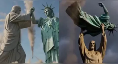 Imagem ilustrativa da notícia: Irã publica vídeo de IA com luta entre Cristo Redentor e Estátua da Liberdade