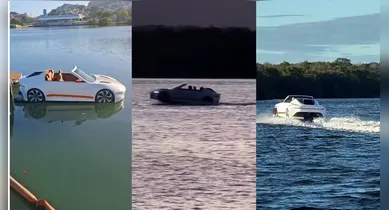 Imagem ilustrativa da notícia: Carro conversível chama atenção ao navegar pela água