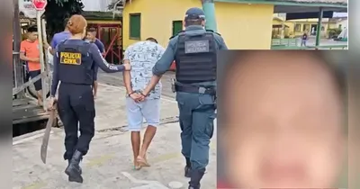 O homem sendo conduzido junto com o terçado usado na morte do bebê