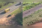 As imagens mostram a fuga no veículos e depois os adolescentes correndo