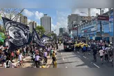 Torcidas do Clube do Remo e do Paysandu fazem bandeiraços em homenagem a Nossa Senhora de Nazaré durante a passagem do traslado do Círio 2026 pelos estádios Baenão e Curuzu, em Belém.
