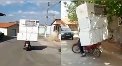 Imagem ilustrativa da notícia: Motociclista transporta três geladeiras de uma só vez e cena inusitada viraliza