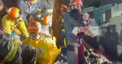 Criança de 5 anos foi resgatada com vida dos escombros após o desabamento na Penha(SP), enquanto a irmã, de 7 anos, continua desaparecida.