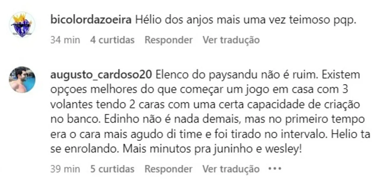 Torcedores do Paysandu criticam Hélio dos Anjos: "Teimoso"