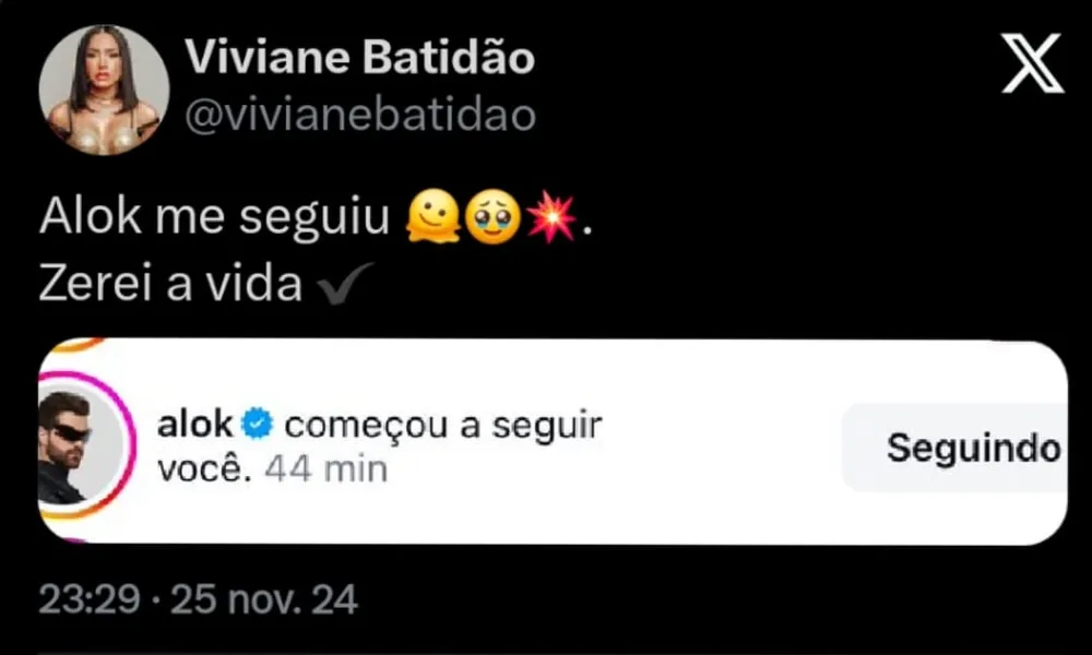 Alok segue Viviane Batidão no Instagram: "zerei a vida"