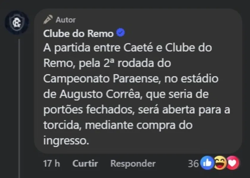 Portões abertos no Parazão? Post do Remo confunde torcedores