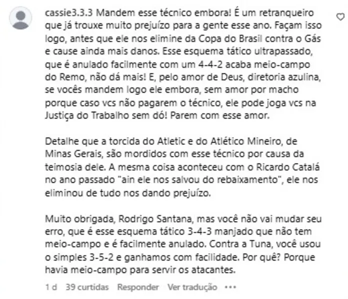 Mesmo invicto, Santana é pressionado pela torcida do Remo