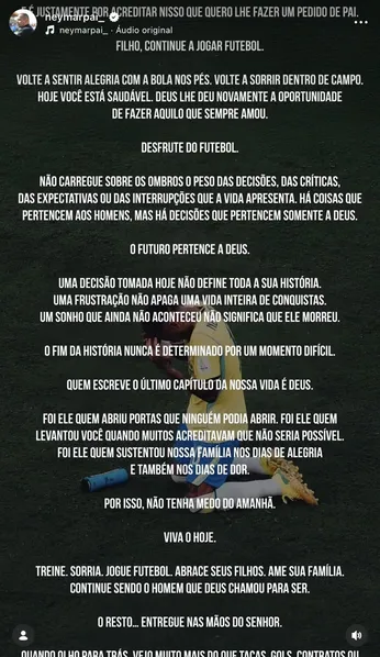 "Volte a sorrir dentro de campo", apela pai de Neymar em carta aberta ao filho