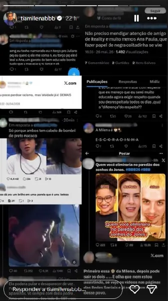 Ex-BBB Milena expõe prints e denuncia racismo na web