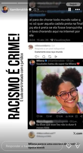 Ex-BBB Milena expõe prints e denuncia racismo na web