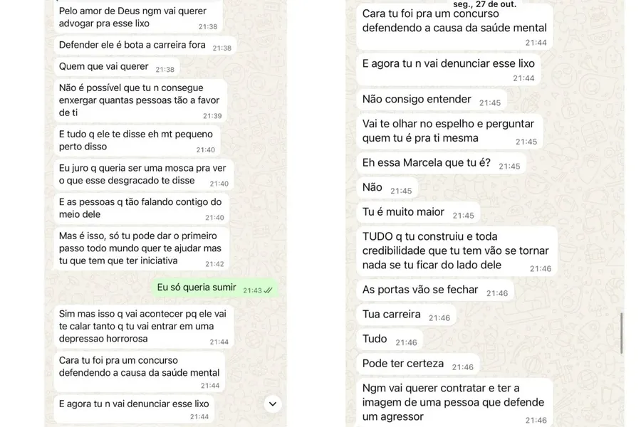 Veja prints em que Marcela expõe machucados e conversas com Dado
