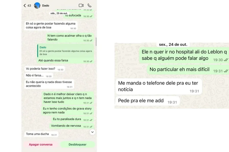 Veja prints em que Marcela expõe machucados e conversas com Dado