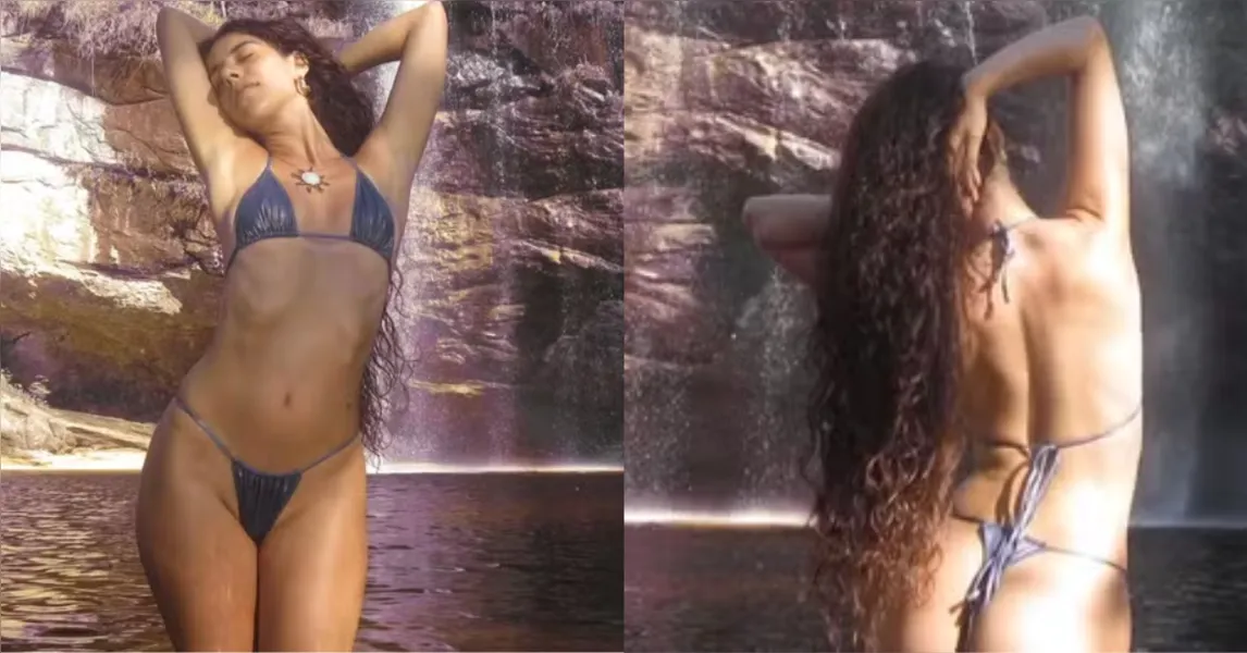 Marina Sena posa em cachoeira e biquíni minúsculo chama atenção