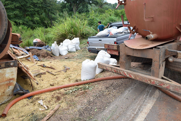 
        
            Carreta tomba com soja e ocupa parte da BR-155
        
    